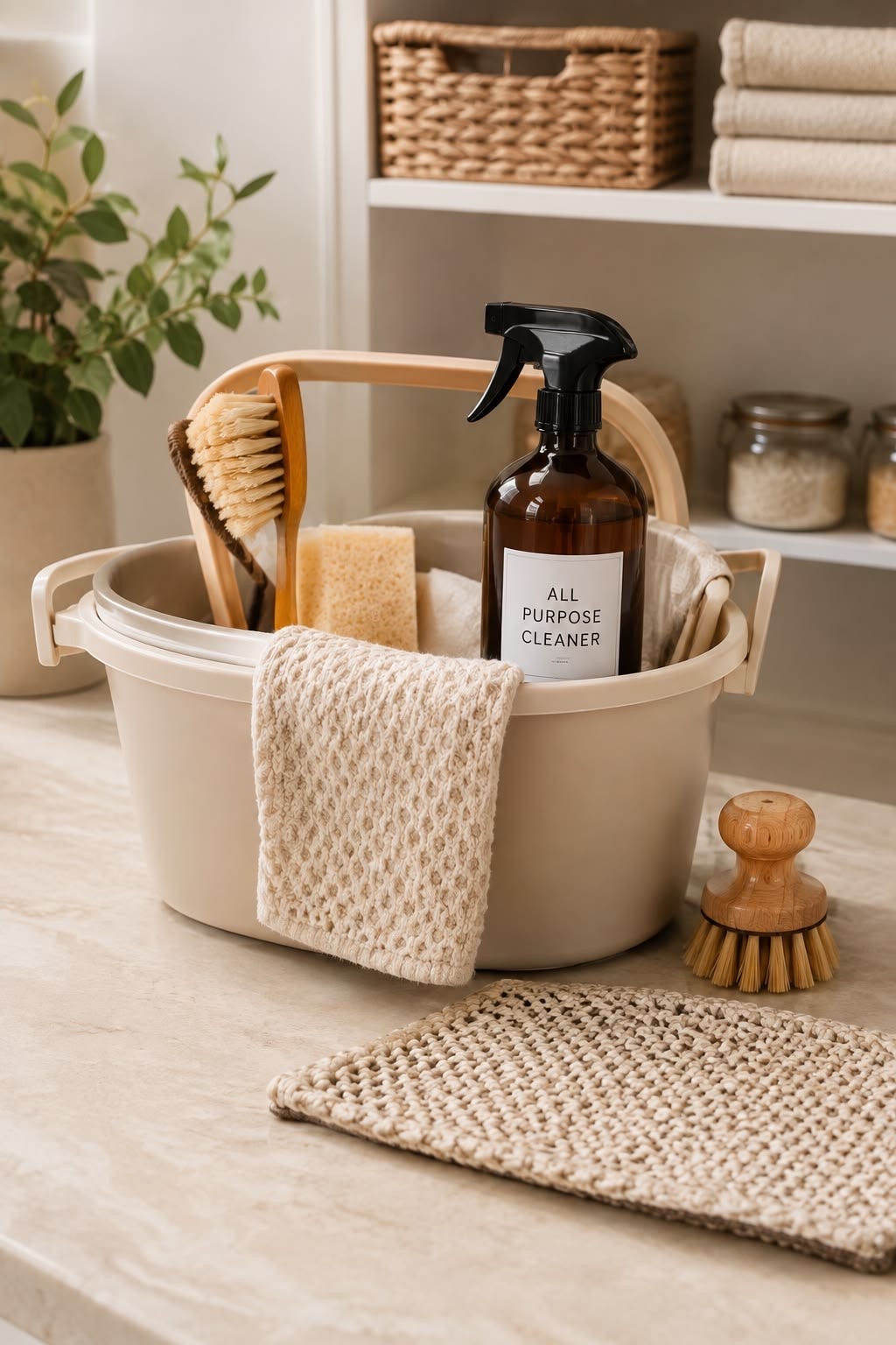 Natural eco-friendly cleaning supplies including plant-based brushes and reusable bottles